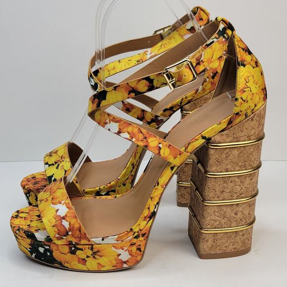 Cottagecore 9M Open Toe Yellow Floral Strappy 5" Block Heels Sandals Boho Retro - Picture 3 of 9